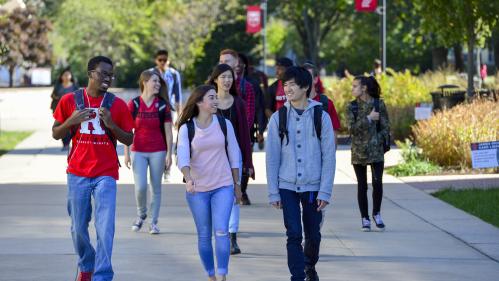 A group of college students works on a campus